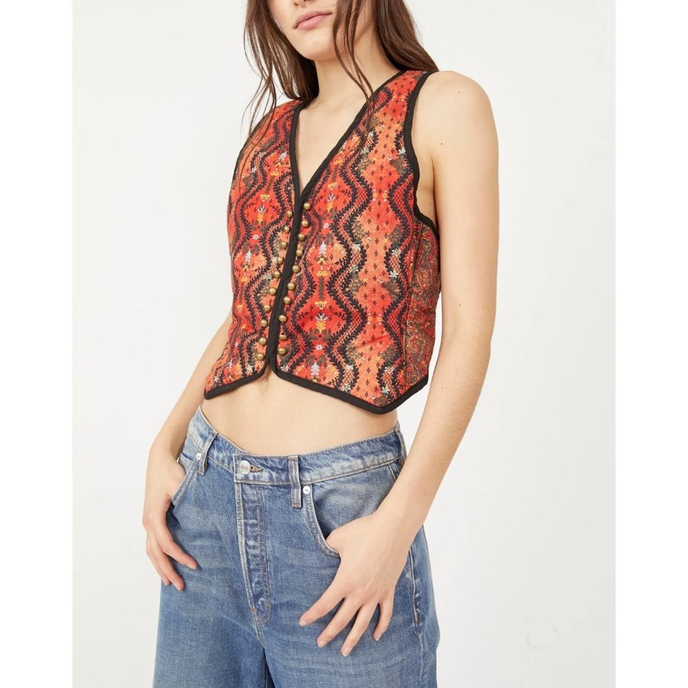 Free People Red Orange Patterned Vest